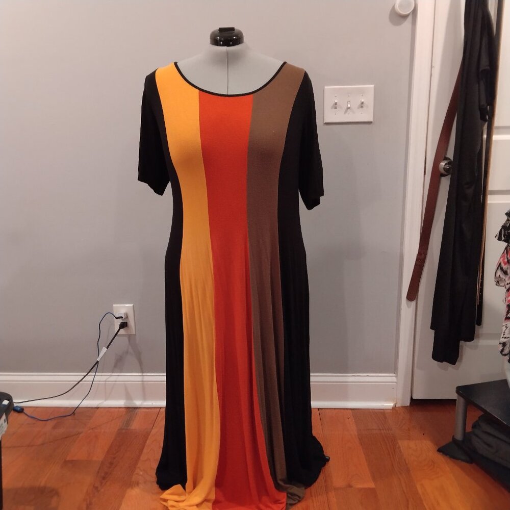 Ashely Stewart  Multi-Color Maxi Dress. Black with Yellow/Orange/Brown Stripe
